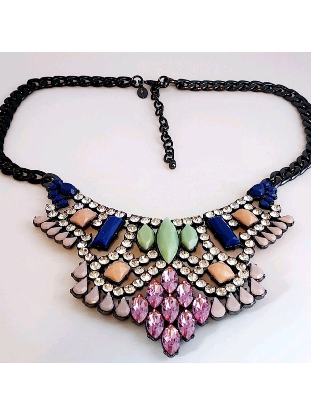 LORI GOLDSTEIN LOGO RUNWAY STATEMENT COLLAR NECKLACE PINK BLUE CRYSTAL GUNMETAL - Picture 12 of 14